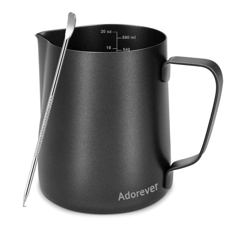 Adorever Milk Frothing Pitcher 600ml/20oz Steaming Pitchers Stainless Steel Milk Coffee Cappuccino Latte Art Barista Steam Pitchers Milk Jug Cup with Decorating Art Pen, Matte Black - Image 1